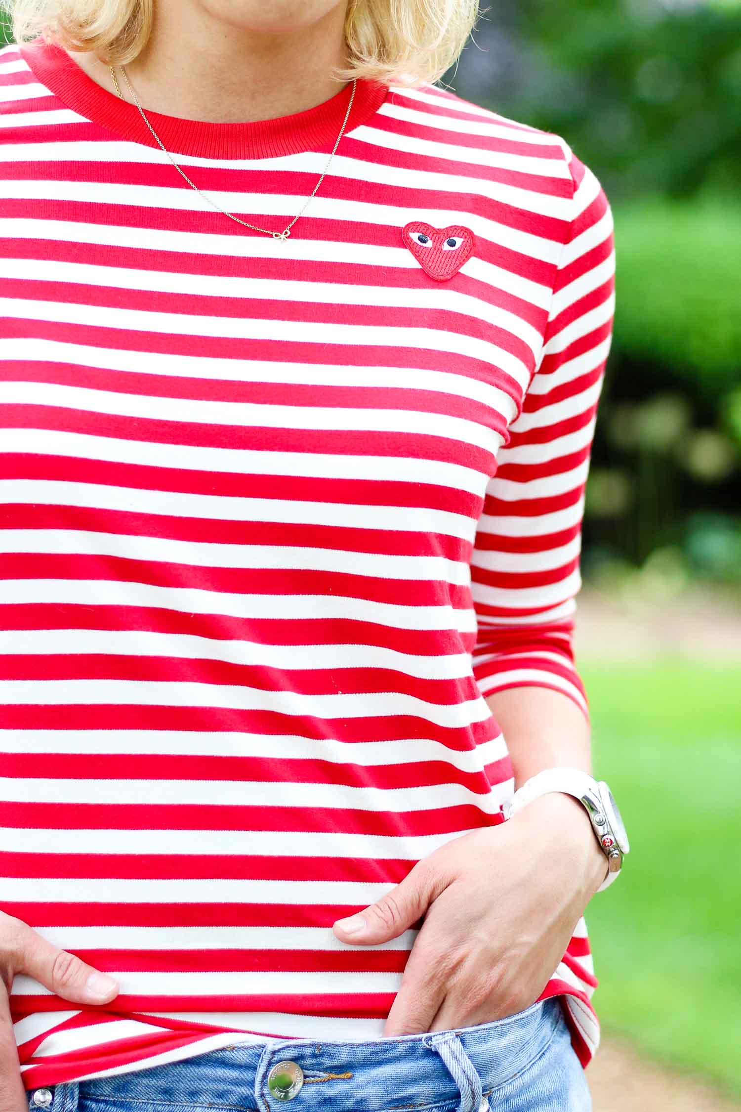 navy and white striped tshirt